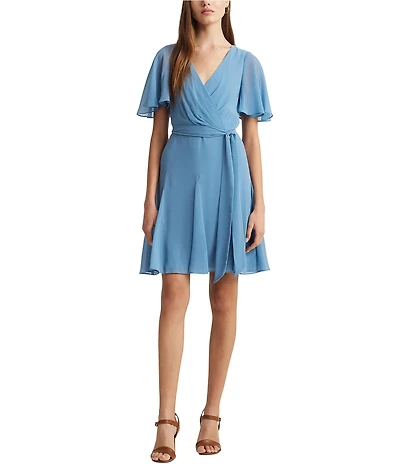Lauren Ralph Lauren Crinkle Georgette Surplice Neck Flutter Sleeve Tie Waist Dress