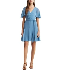 Lauren Ralph Lauren Crinkle Georgette Surplice Neck Flutter Sleeve Tie Waist Dress