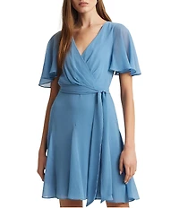 Lauren Ralph Lauren Crinkle Georgette Surplice Neck Flutter Sleeve Tie Waist Dress