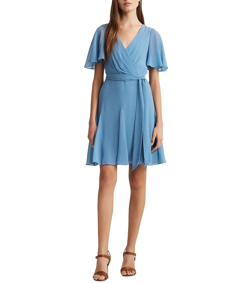 Lauren Ralph Lauren Crinkle Georgette Surplice Neck Flutter Sleeve Tie Waist Dress