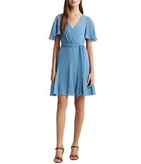 Lauren Ralph Lauren Crinkle Georgette Surplice Neck Flutter Sleeve Tie Waist Dress