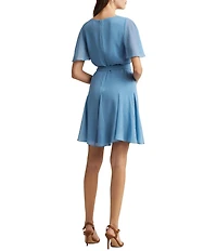 Lauren Ralph Lauren Crinkle Georgette Surplice Neck Flutter Sleeve Tie Waist Dress