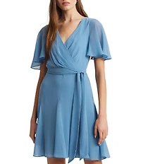 Lauren Ralph Lauren Crinkle Georgette Surplice Neck Flutter Sleeve Tie Waist Dress