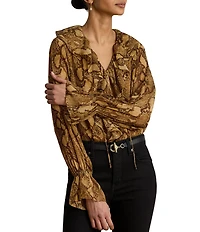 Lauren Ralph Lauren Crinkle Georgette V-Neck Long Sleeve Blouse