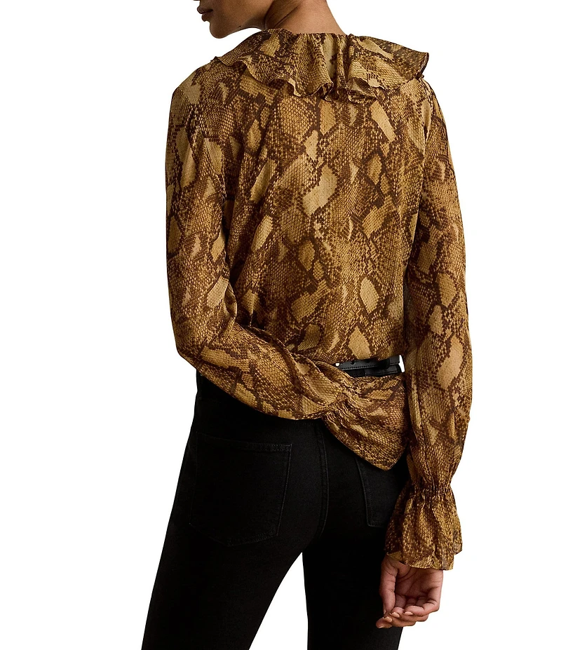 Lauren Ralph Lauren Crinkle Georgette V-Neck Long Sleeve Blouse