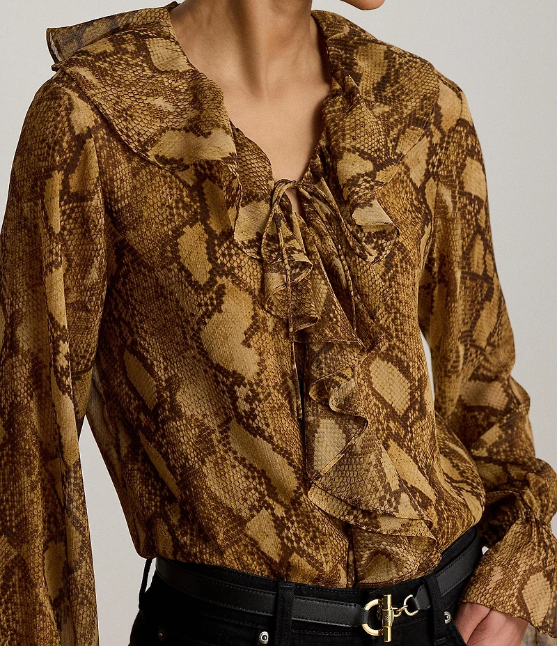 Lauren Ralph Lauren Crinkle Georgette V-Neck Long Sleeve Blouse