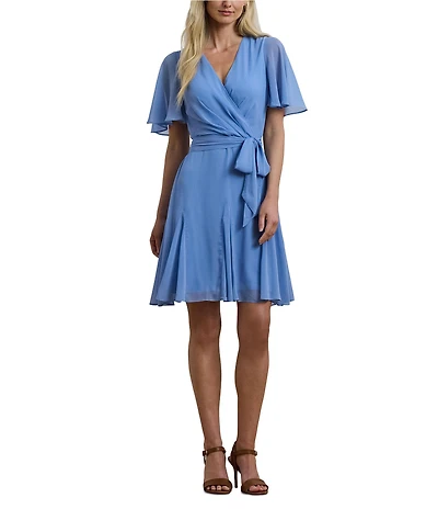 Lauren Ralph Lauren Crinkle Georgette V-Neck Short Flutter Sleeve Wrap Mini Dress