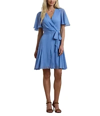 Lauren Ralph Lauren Crinkle Georgette V-Neck Short Flutter Sleeve Wrap Mini Dress