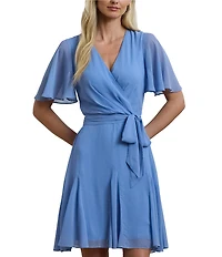 Lauren Ralph Lauren Crinkle Georgette V-Neck Short Flutter Sleeve Wrap Mini Dress