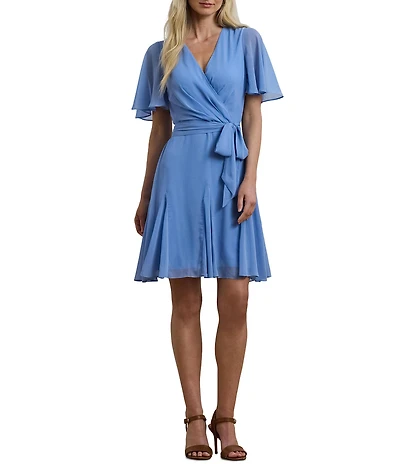 Lauren Ralph Lauren Crinkle Georgette V-Neck Short Flutter Sleeve Wrap Mini Dress