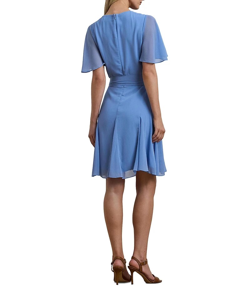 Lauren Ralph Lauren Crinkle Georgette V-Neck Short Flutter Sleeve Wrap Mini Dress