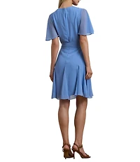 Lauren Ralph Lauren Crinkle Georgette V-Neck Short Flutter Sleeve Wrap Mini Dress