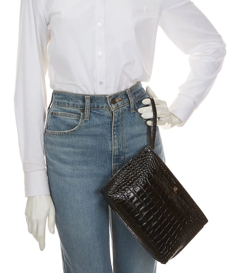 Lauren Ralph Lauren Crocodile Embossed Leather Large Wristlet Pouch