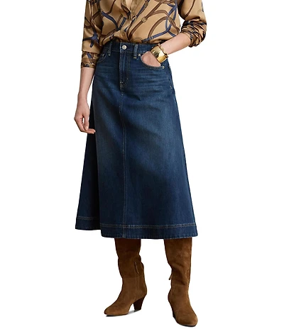 Lauren Ralph Lauren Denim Midi Length A-Line Skirt