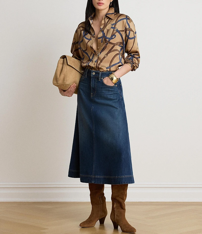 Lauren Ralph Lauren Denim Midi Length A-Line Skirt