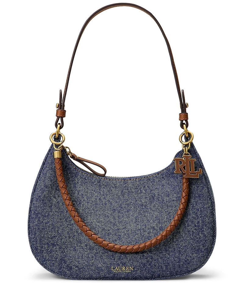 Lauren Ralph Lauren Denim Medium Marcy Zip Braided Strap Shoulder Bag