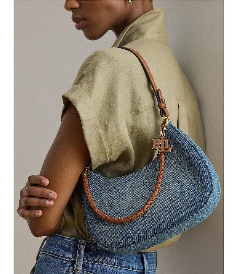 Lauren Ralph Lauren Denim Medium Marcy Zip Braided Strap Shoulder Bag