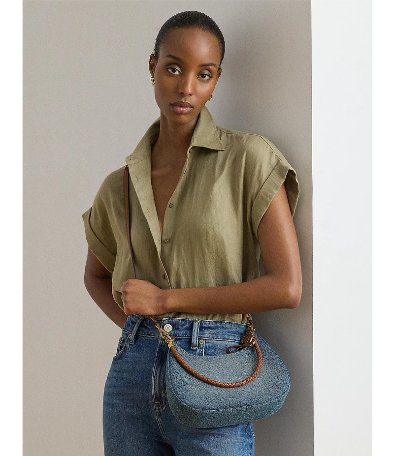 Lauren Ralph Lauren Denim Medium Marcy Zip Braided Strap Shoulder Bag