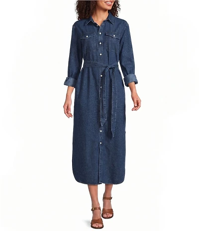 Lauren Ralph Lauren Denim Point Collar Long Sleeve Belted Midi Length Shirt Dress