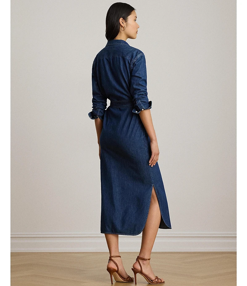 Lauren Ralph Lauren Denim Point Collar Long Sleeve Belted Midi Length Shirt Dress