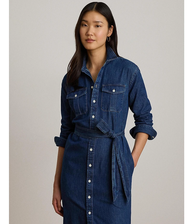 Lauren Ralph Lauren Denim Point Collar Long Sleeve Belted Midi Length Shirt Dress