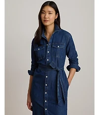 Lauren Ralph Lauren Denim Point Collar Long Sleeve Belted Midi Length Shirt Dress