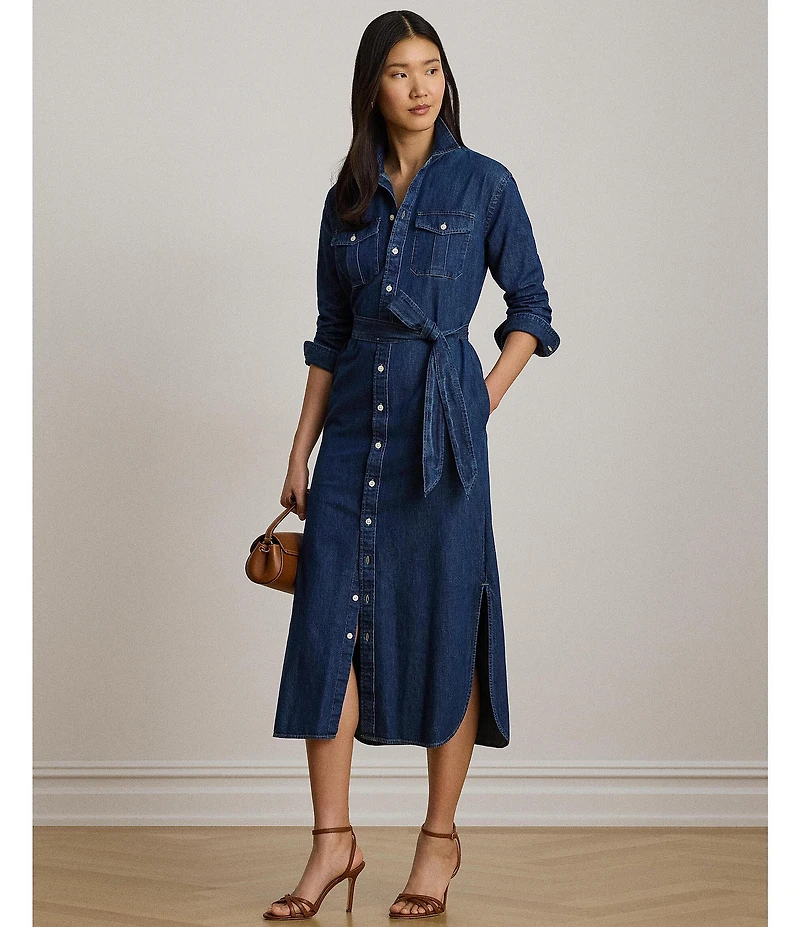 Lauren Ralph Lauren Denim Point Collar Long Sleeve Belted Midi Length Shirt Dress