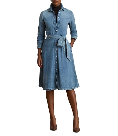 Lauren Ralph Lauren Denim Point Collar Long Sleeve Belted Shirtdress