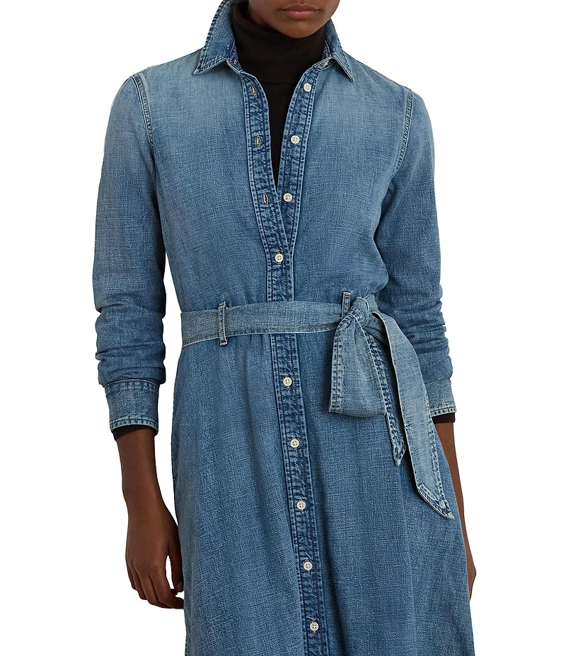 Lauren Ralph Lauren Denim Point Collar Long Sleeve Belted Shirtdress