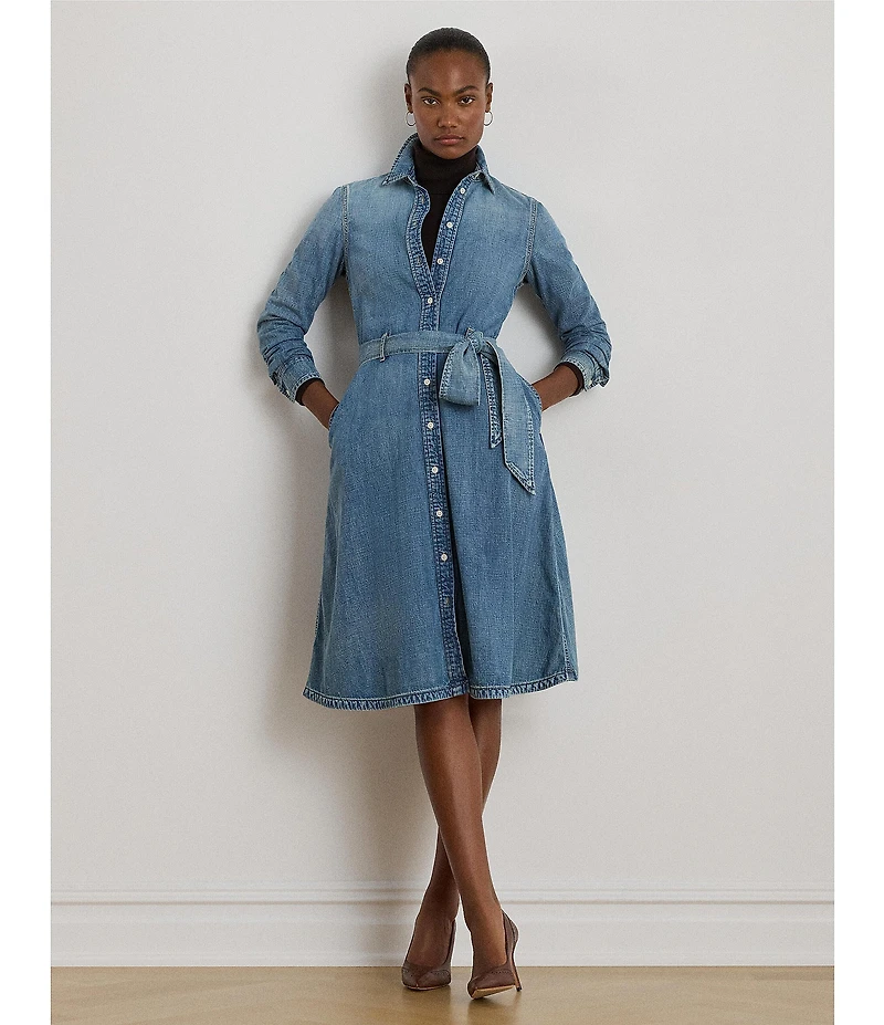 Lauren Ralph Lauren Denim Point Collar Long Sleeve Belted Shirtdress