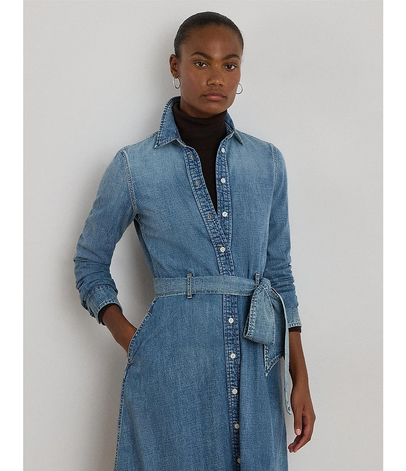 Lauren Ralph Lauren Denim Point Collar Long Sleeve Belted Shirtdress