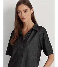 Lauren Ralph Lauren Denim Shift Johnny Collar Short Sleeve Shirt Dress