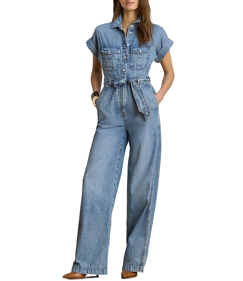 Lauren Ralph Lauren Denim Spread Collar Short Sleeve Wide Leg Belted Jumpsuit