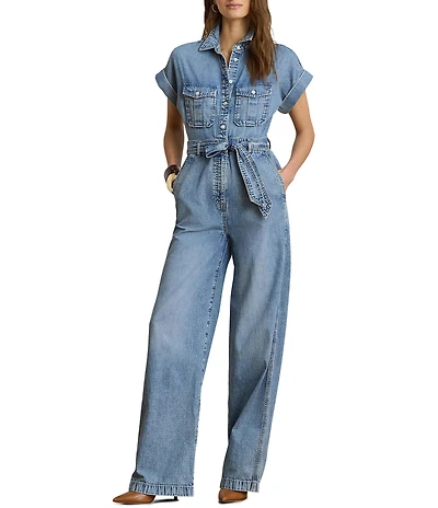 Lauren Ralph Lauren Denim Spread Collar Short Sleeve Wide Leg Belted Jumpsuit
