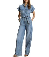 Lauren Ralph Lauren Denim Spread Collar Short Sleeve Wide Leg Belted Jumpsuit
