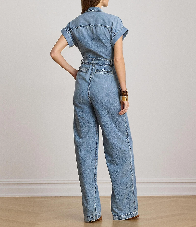 Lauren Ralph Lauren Denim Spread Collar Short Sleeve Wide Leg Belted Jumpsuit