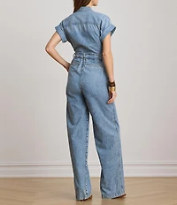 Lauren Ralph Lauren Denim Spread Collar Short Sleeve Wide Leg Belted Jumpsuit