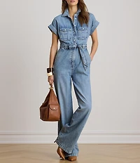 Lauren Ralph Lauren Denim Spread Collar Short Sleeve Wide Leg Belted Jumpsuit