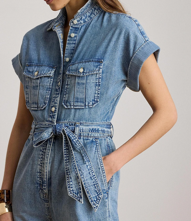Lauren Ralph Lauren Denim Spread Collar Short Sleeve Wide Leg Belted Jumpsuit