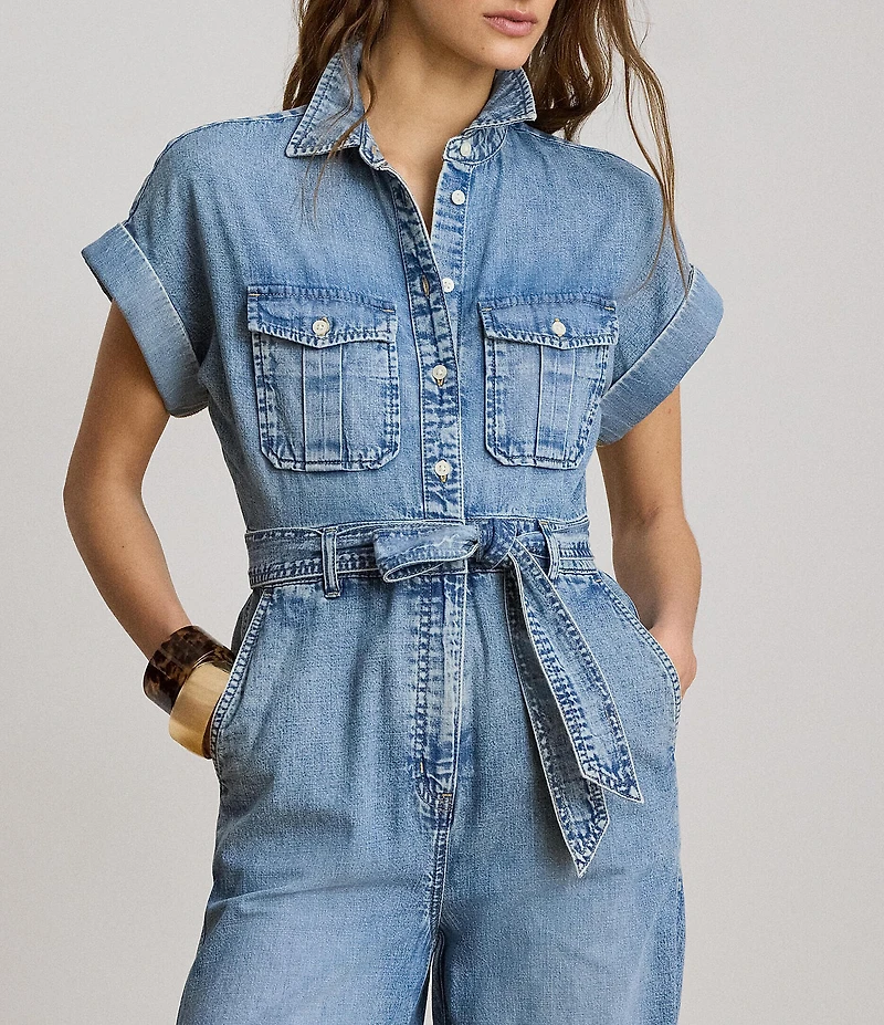 Lauren Ralph Lauren Denim Spread Collar Short Sleeve Wide Leg Belted Jumpsuit