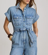 Lauren Ralph Lauren Denim Spread Collar Short Sleeve Wide Leg Belted Jumpsuit