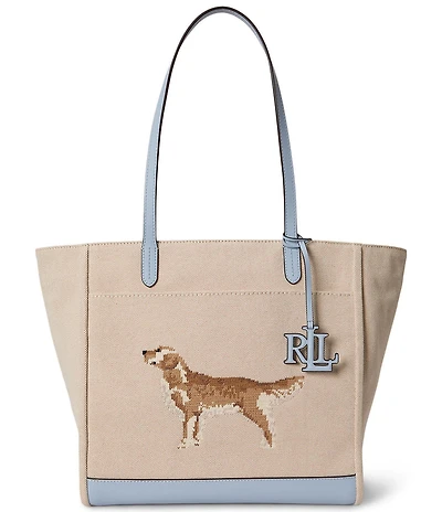 Lauren Ralph Lauren Golden Retriever Embroidered Large Cameryn Canvas Tote Bag