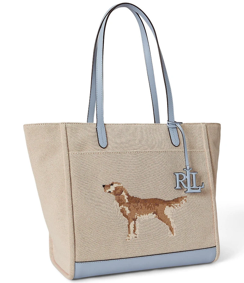 Lauren Ralph Lauren Golden Retriever Embroidered Large Cameryn Canvas Tote Bag