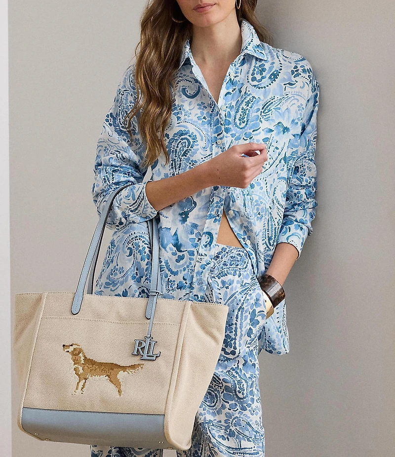 Lauren Ralph Lauren Golden Retriever Embroidered Large Cameryn Canvas Tote Bag