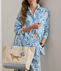 Lauren Ralph Lauren Golden Retriever Embroidered Large Cameryn Canvas Tote Bag