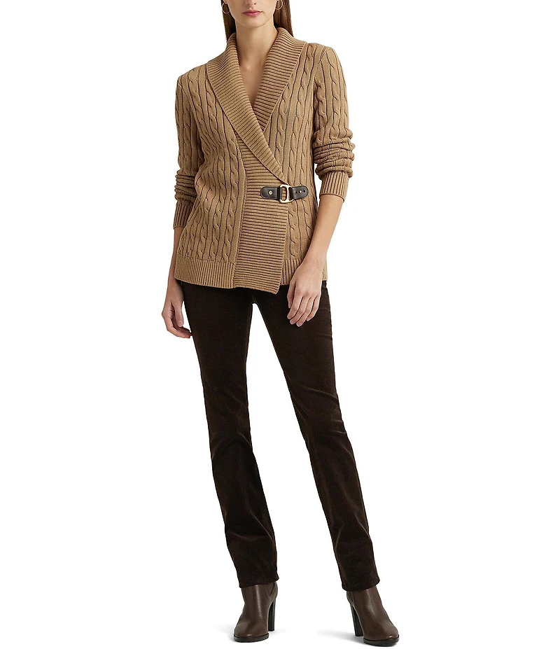 Lauren Ralph Lauren Ribbed Shawl Collar Long Sleeve Side Buckle Sweater