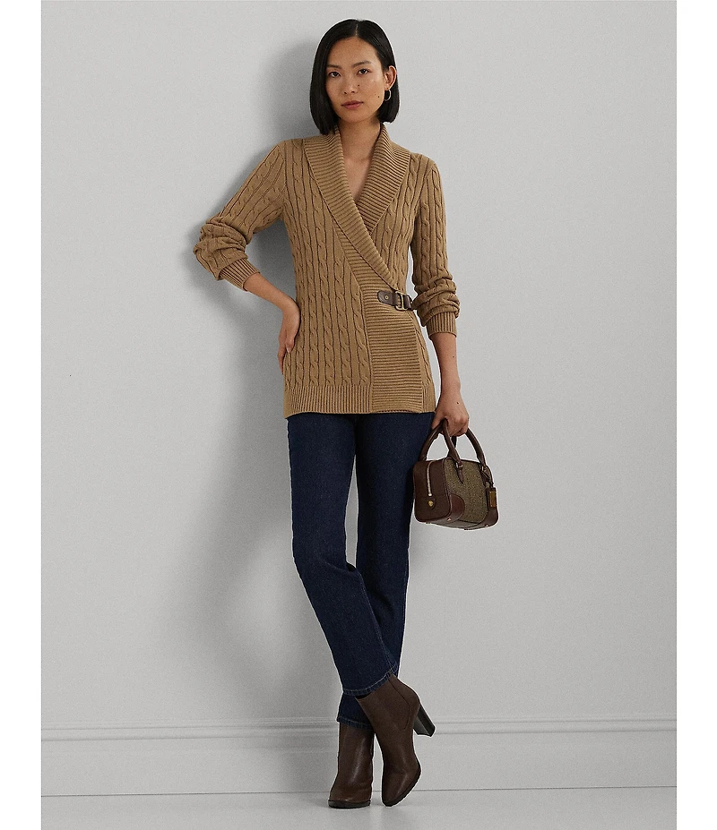 Lauren Ralph Lauren Ribbed Shawl Collar Long Sleeve Side Buckle Sweater