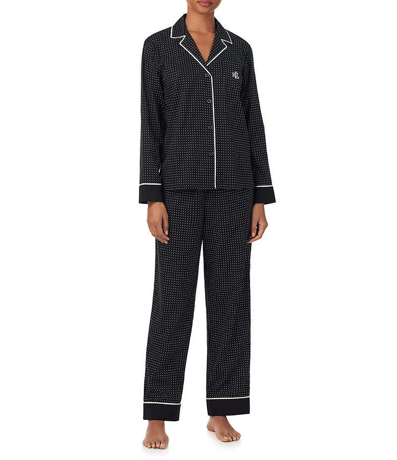 Lauren Ralph Lauren Dot Print Long Sleeve Notch Collar Woven Pajama Set