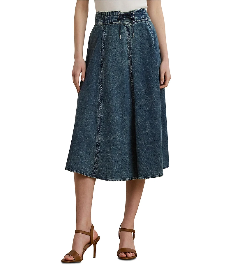 Lauren Ralph Lauren Drawcord Waist A-Line Denim Midi Skirt