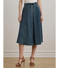 Lauren Ralph Lauren Drawcord Waist A-Line Denim Midi Skirt